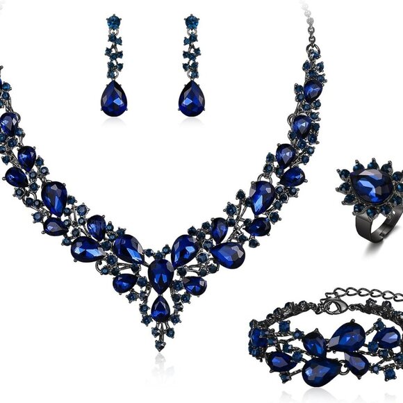 Wedding Jewelry Set for Women Crystal Necklace Earrings Bracelet Gift Box